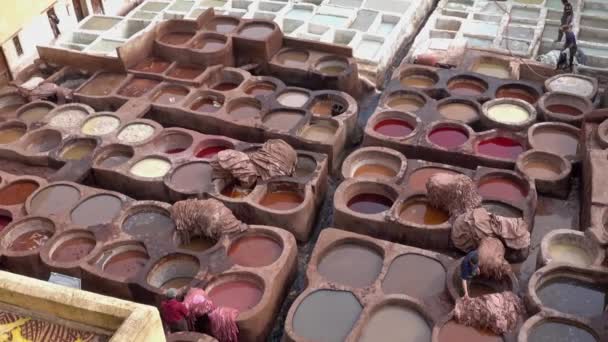 Panorama Tanneries Fes Morocco Africa Old Tanks Color Paint Leather — Stock Video