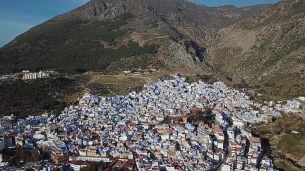 Luchtfoto Van Beroemde Medina Blauwe Oude Stad Chefchaouen Marokko — Stockvideo