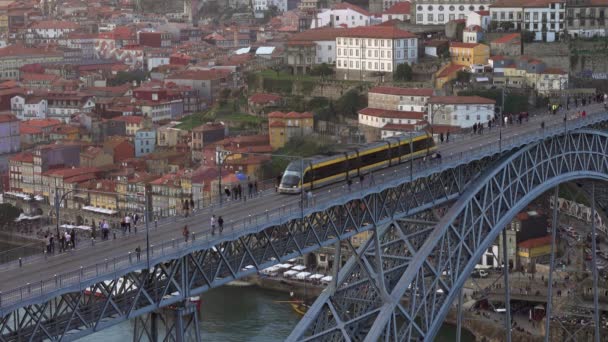 Train on Dom Luis Bridge and Douro river — Stock Video