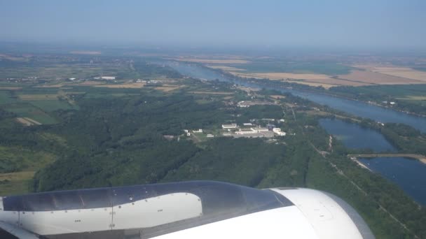 Looking on Danube river in Serbia from airplane — Stock Video
