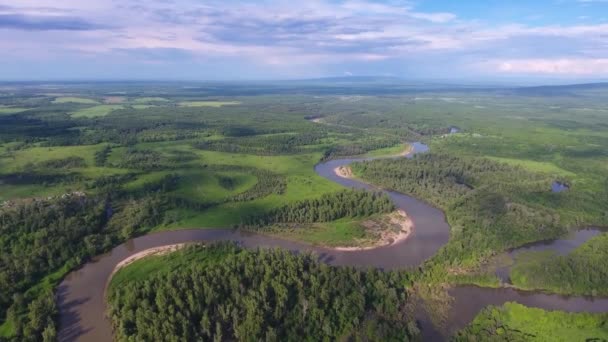 Aerial landscape with small winding river — Stock Video