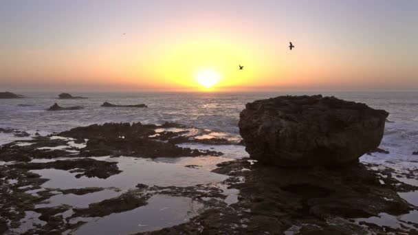 Fale Skały Morzu Tle Zachodzącego Słońca — Wideo stockowe