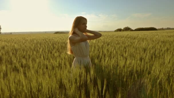 Güzel Kız Gün Batımında Uzun Saçlarını Tarlaya Atıyor Ağır Çekimde — Stok video