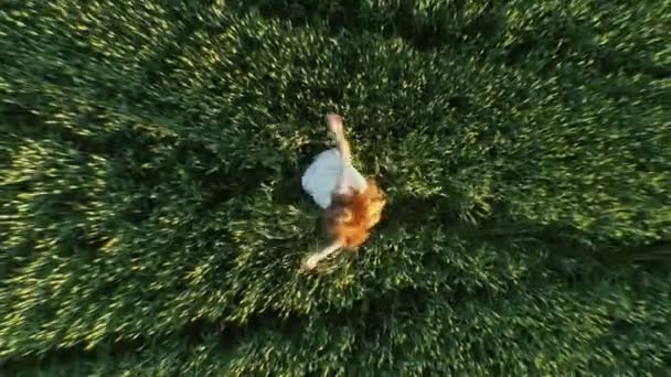 Mooi Meisje Wervelend Een Tarweveld Schieten Van Boven Met Een — Stockvideo