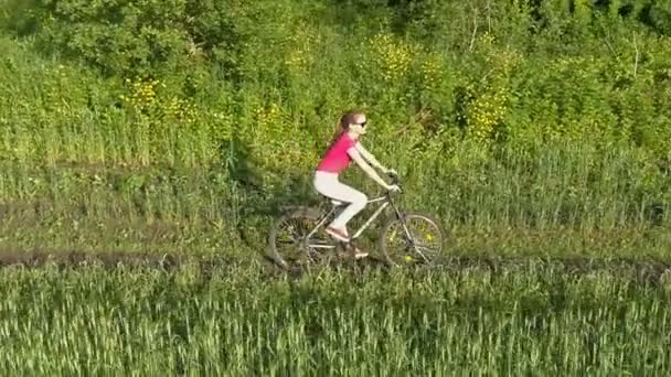 Linda Chica Joven Bicicleta Campo Verde Verano Tiro Con Drones — Vídeos de Stock