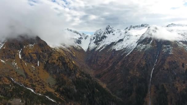 在白雪覆盖的高山上的云彩中飞翔 Adamello Brenta的空中景观 意大利 — 图库视频影像