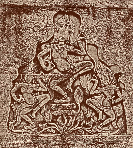 Basse Relief Khmer Historique Montrant Des Déesses Hindoues Dansantes Cambodge — Photo