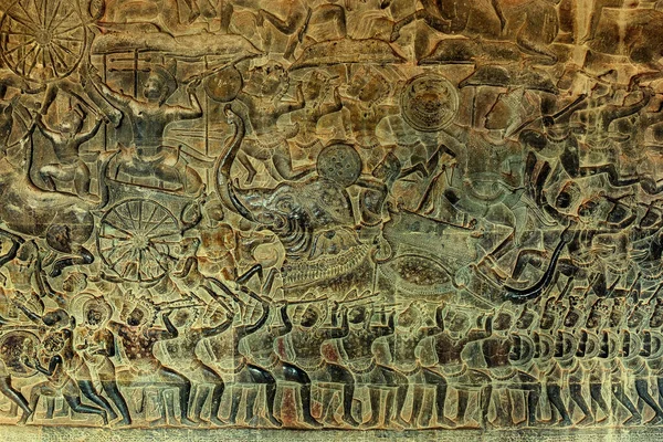 Basreliéfní Kámen Vyřezávaný Kolem Chrámu Angkor Wat Kambodža — Stock fotografie