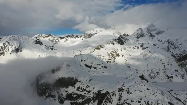 在白雪覆盖的高山上的云彩中飞翔 Adamello Brenta的空中景观 意大利 — 图库视频影像