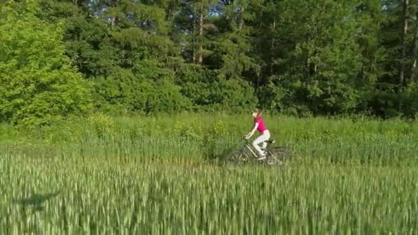 Linda Chica Joven Bicicleta Campo Verde Verano Drone Tiro — Vídeos de Stock