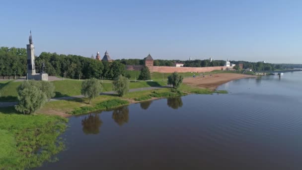 Vista Aérea Catedral Santa Sofía Kremlin Nóvgorod Río Volkhov Veliky — Vídeos de Stock