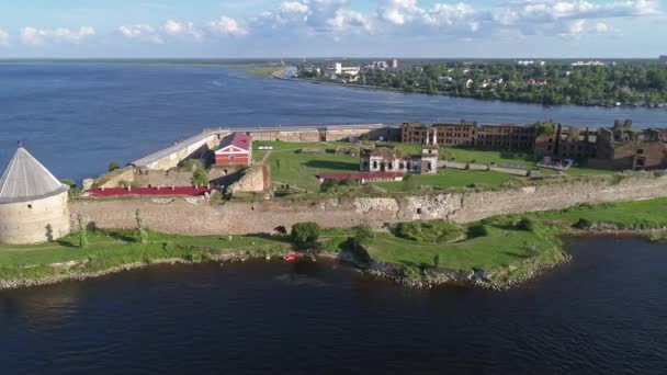 Aerial View Fortress Oreshek Island Neva River Shlisselburg Town Leningrad — Stock Video