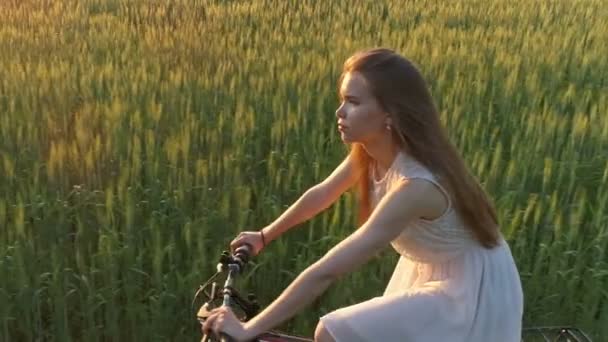 Linda Chica Joven Bicicleta Campo Verde Verano Tiro Con Drones — Vídeos de Stock