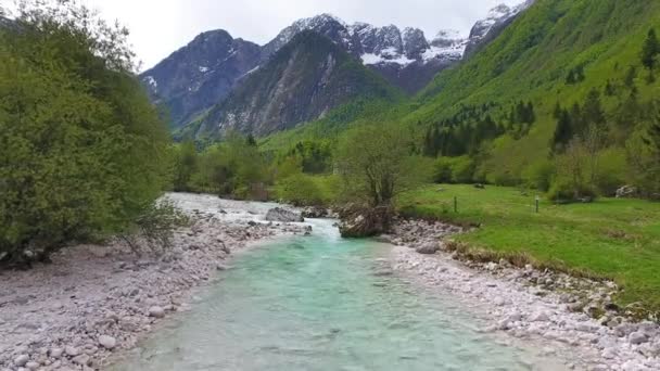 Vliegen Bergrivier Slovenië Het Voorjaar — Stockvideo