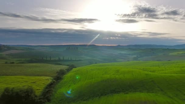 Toskana Antenne Sonnenaufgang Ackerland Hügellandschaft Italien Europa — Stockvideo