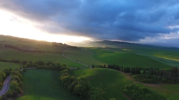 Tuscany Aerial Sunrise Farmland Hill Country Landscape Italy Europe — Stock Video