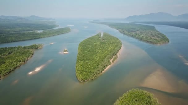 パンガー省 4Kのマングローブ林河口の海峡の山々の空中ビュー — ストック動画