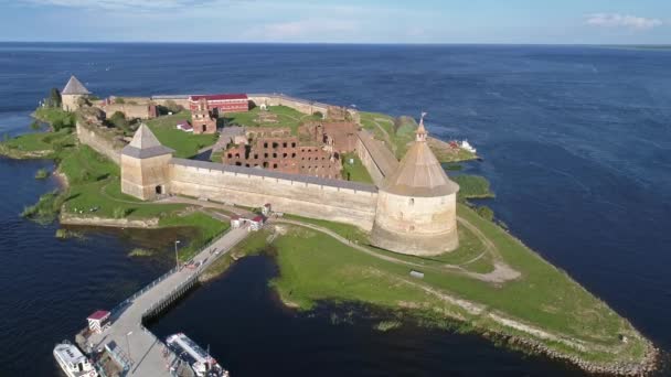 Aerial View Fortress Oreshek Island Neva River Shlisselburg Town Leningrad — Stock Video