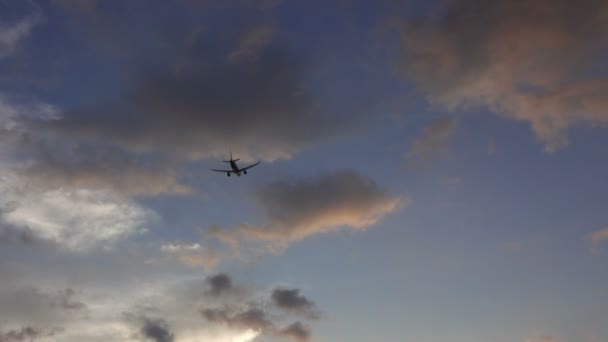 Utasszállító Repülőgép Felszállás Után Felszáll Naplemente Fényben — Stock videók