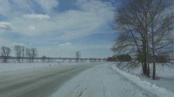 Auto Movimento Sulla Strada Invernale Alla Bufera Neve — Video Stock