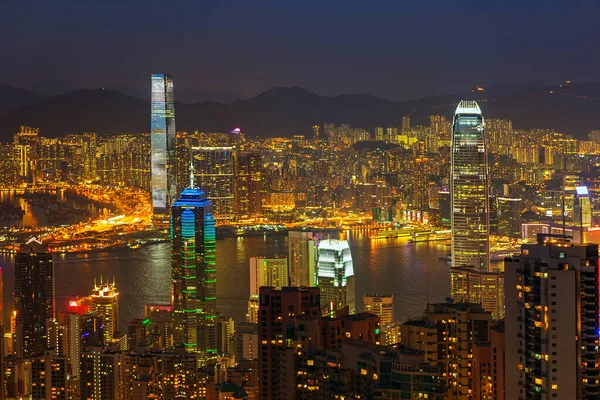 Гонконг Уночі Вид Гавань Вікторія Гонконг Сентраль Вибраний Вершини Вікторія — стокове фото