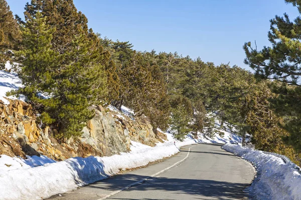 Estrada de inverno em Troodos montanhas, Chipre — Fotografia de Stock
