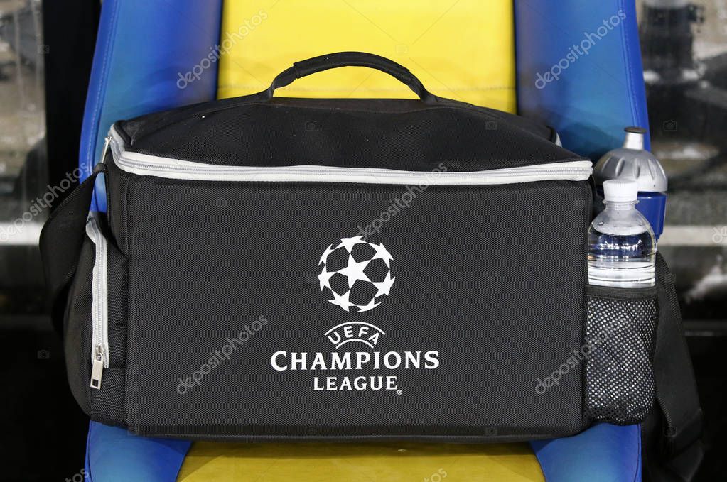 KYIV, UKRAINE - DECEMBER 6, 2016: UEFA Champions League logo on the black medicine bag during UEFA Champions League game FC Dynamo Kyiv vs Besiktas at NSC Olimpiyskyi stadium in Kyiv, Ukraine