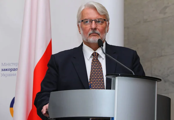 P.Klimkin, B.Johnson a W.Waszczykowski tiskové konferenci v Kyjevě — Stock fotografie