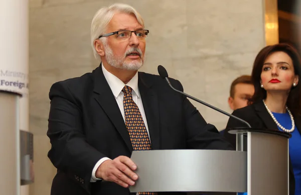 P.Klimkin, B.Johnson and W.Waszczykowski press conference in Kyiv — Stock Photo, Image