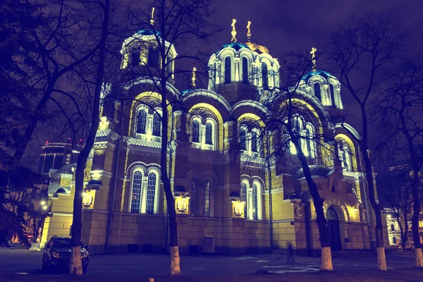 St Volodymyr's Cathedral w nocy. Kijów, Ukraina — Zdjęcie stockowe