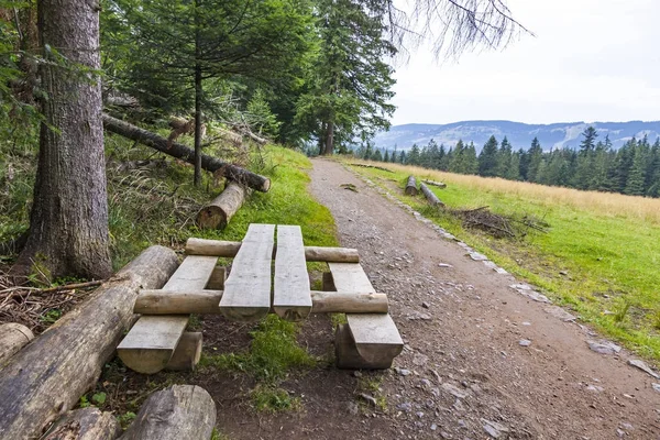 Houten bankje en tabel voor ontspannen tijdens het wandelen — Stockfoto