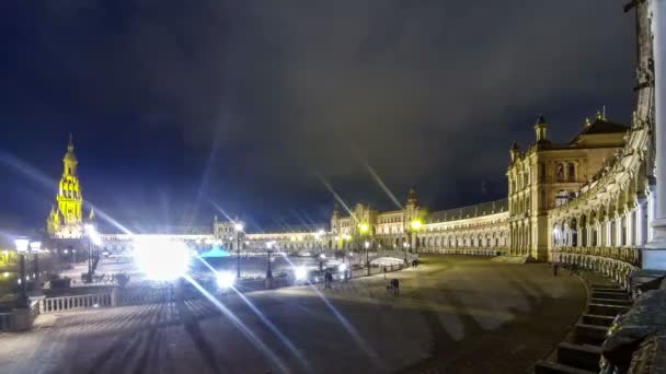 Panorama noturno da Plaza de Espana em Sevilha, Espanha — Vídeo de Stock