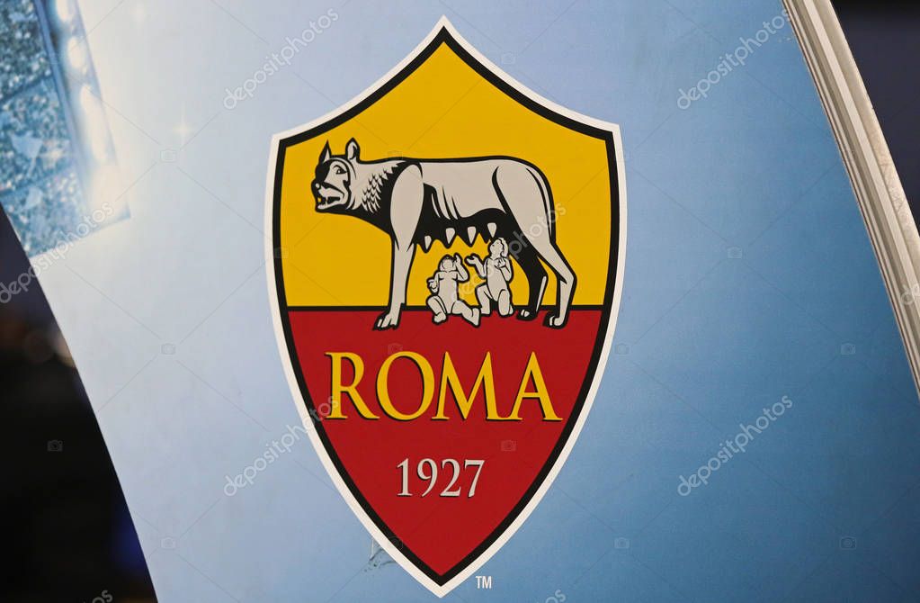 KHARKIV, UKRAINE - FEBRUARY 21, 2018: AS Roma logo on the decoration board during UEFA Champions League Round of 16 game Shakhtar v Roma at OSK Metalist stadium in Kharkiv