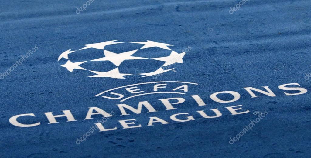 KHARKIV, UKRAINE - FEBRUARY 21, 2018: Official UEFA Champions League logo on the carpet during UEFA Champions League Round of 16 game Shakhtar v Roma at OSK Metalist stadium in Kharkiv, Ukraine