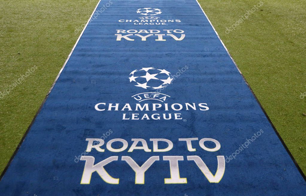 KHARKIV, UKRAINE - FEBRUARY 21, 2018: Official UEFA Champions League Final logo on the carpet during UEFA Champions League Round of 16 game Shakhtar v Roma at OSK Metalist stadium in Kharkiv, Ukraine