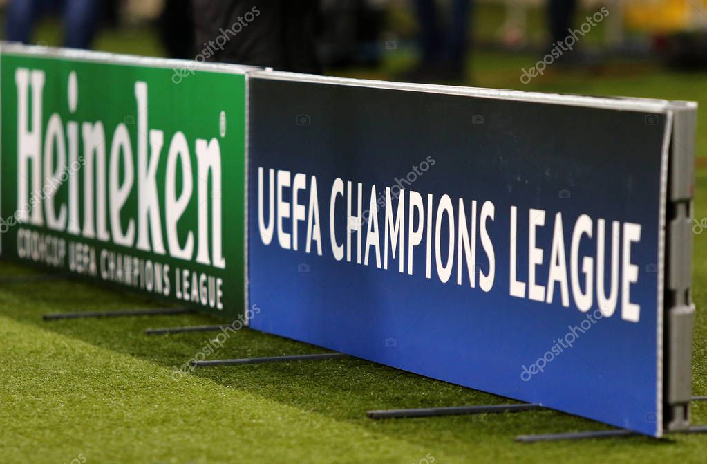 KHARKIV, UKRAINE - FEBRUARY 21, 2018: UEFA Champions League and Heineken billboards seen at the OSK Metalist stadium in Kharkiv during UEFA Champions League Round of 16 game Shakhtar v Roma