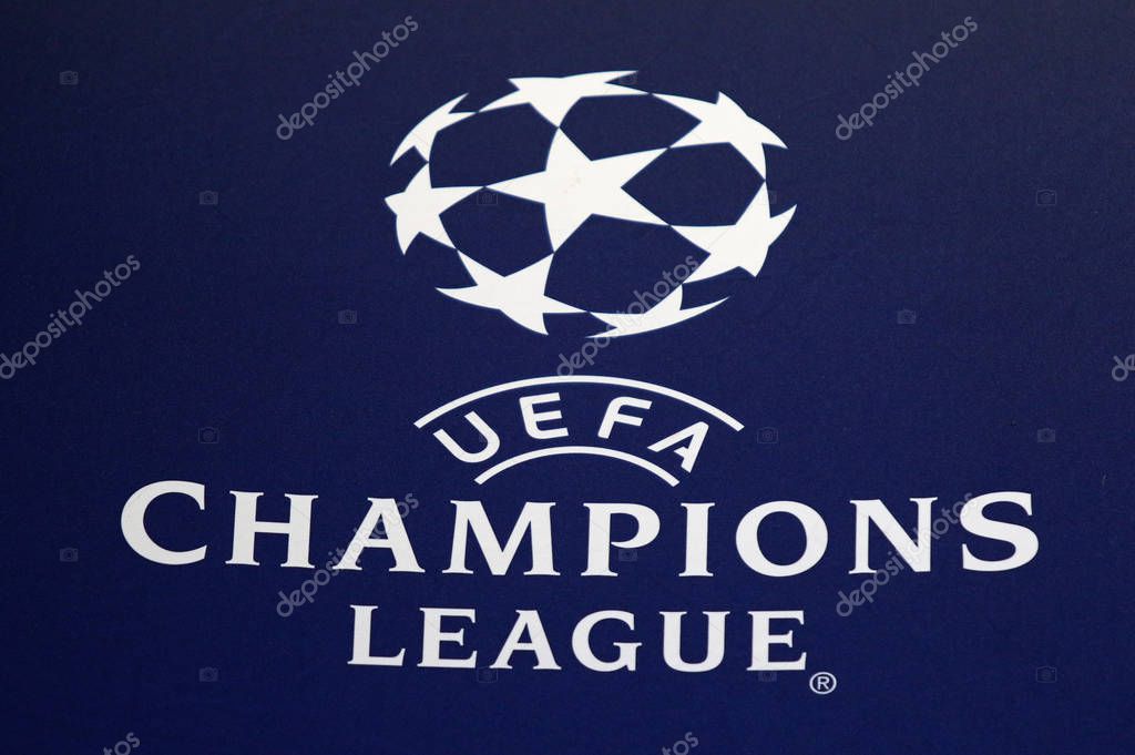 PRAGUE, CZECHIA - OCTOBER 23, 2019: Official UEFA Champions League logo on the decoration board seen during the UEFA Champions League game between Slavia Praha and Barcelona at Eden Arena in Prague