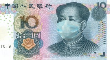 Mao Zedong portresi koruyucu maske takan 10 Çin Yuan banknotundan. Yüz maskeli 10 Yuan para. Kriz ve finans kavramı. COVID-19 Coronavirüs salgını ilk olarak Wuhan, Çin 'de görüldü.