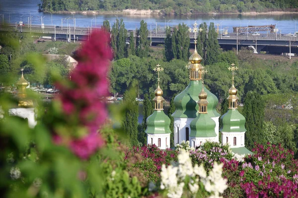 Живописный Вид Выдубичский Монастырь Реку Днепр Розовым Белым Лиловым Цветением — стоковое фото