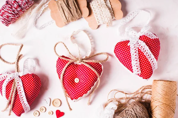 Red polka dot textile hearts — Stock Photo, Image