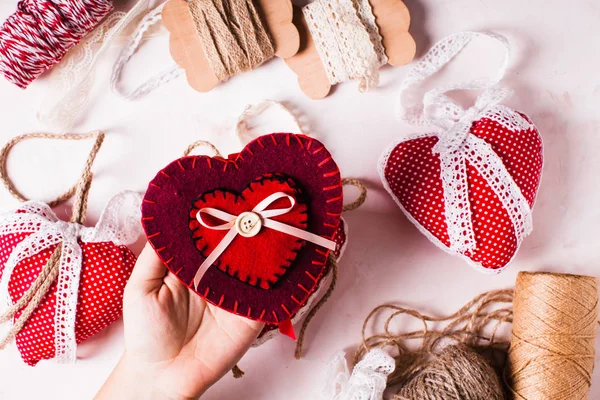 Red polka dot textile hearts — Stock Photo, Image