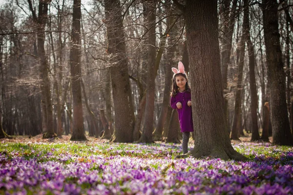 Little girl with banny ears in spring park — Stock Photo, Image