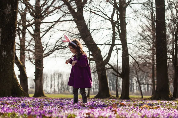 Little girl with banny ears in spring park — Stock Photo, Image