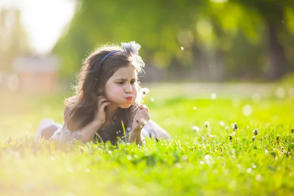 Cute girl blowing dandelion — Stock Photo, Image