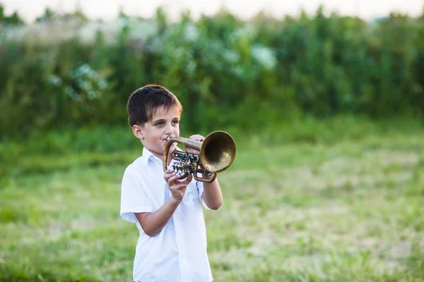 Liten pojke med musikinstrument — Stockfoto