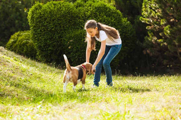 Meisje speelt met een hond in de tuin — Stockfoto