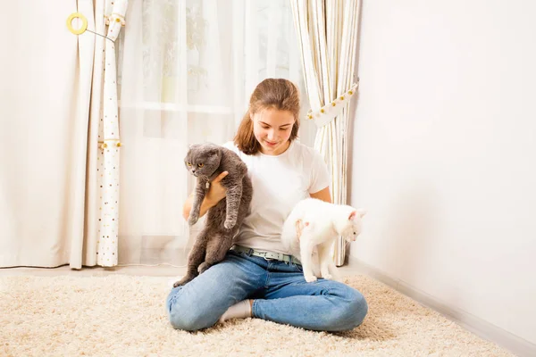 Chica bonita está jugando con sus gatos — Foto de Stock