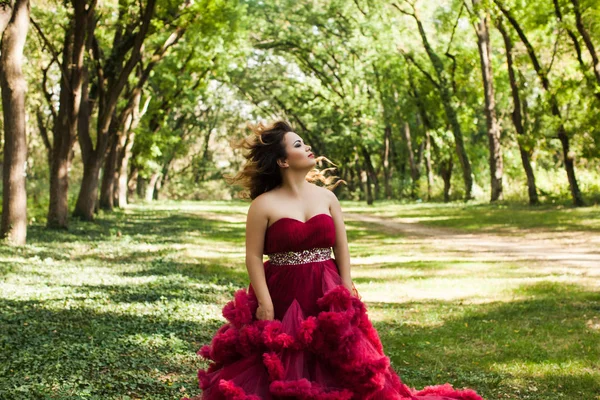 Πριγκίπισσα με στέμμα στο θολό κόκκινο φόρεμα — Φωτογραφία Αρχείου