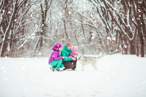 Family with dog outdoors — Stock Photo, Image