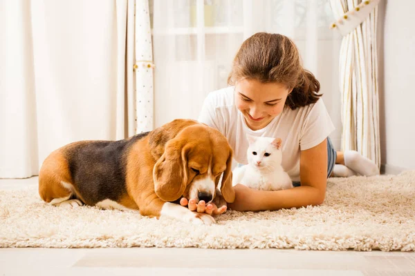 La chica se está relajando con sus mascotas — Foto de Stock